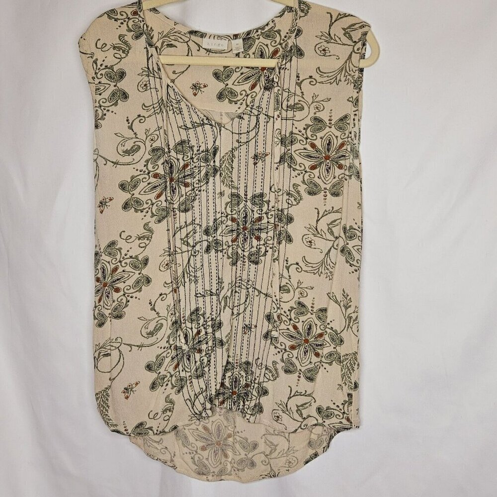 Hinge Tank Top Women's Size M Beige Gauzy Green‎ Flower Embroidery Detail Ties